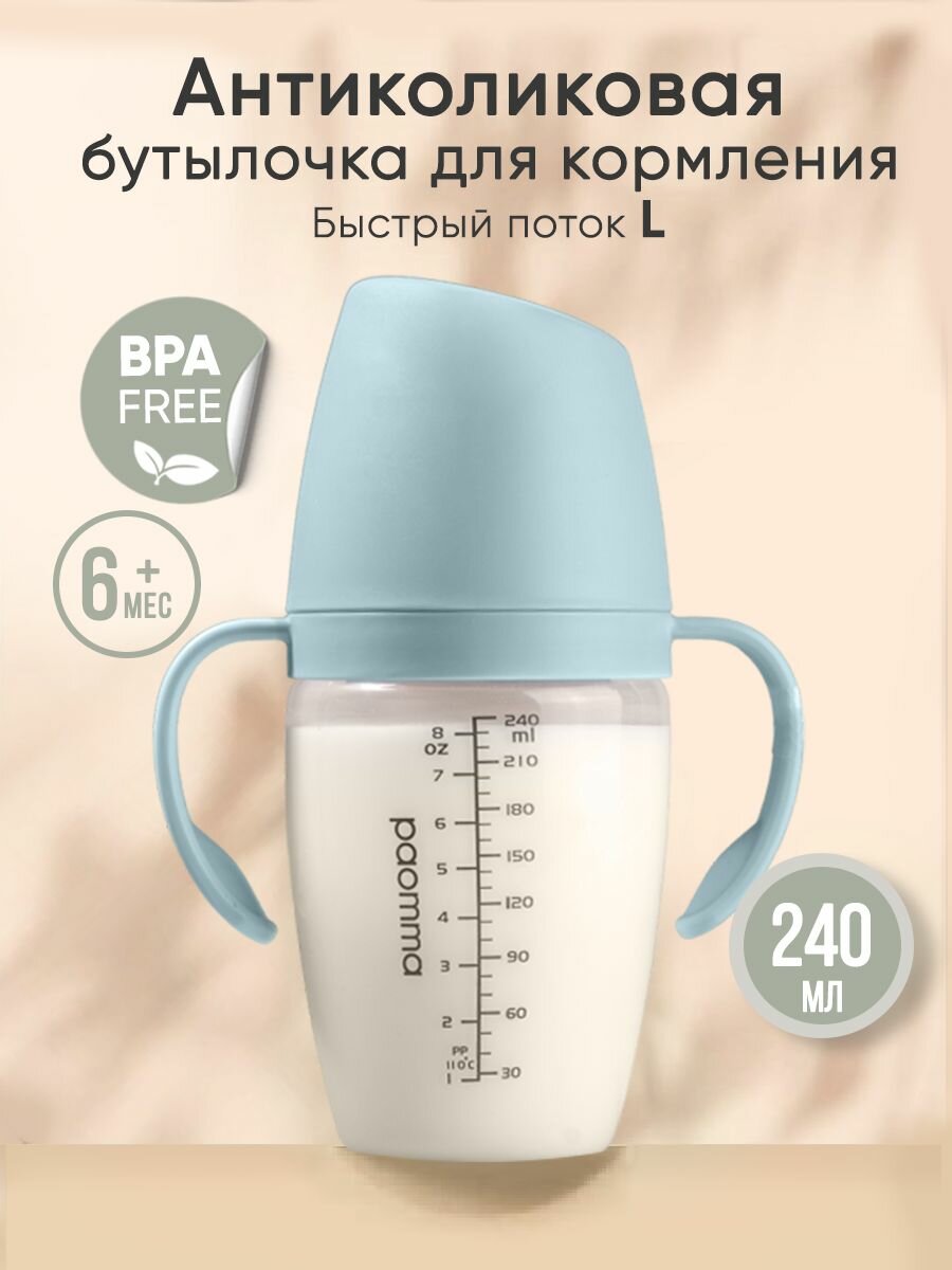 Бутылочка для новорожденных 0 для кормления антиколиковая Paomma 240 мл
