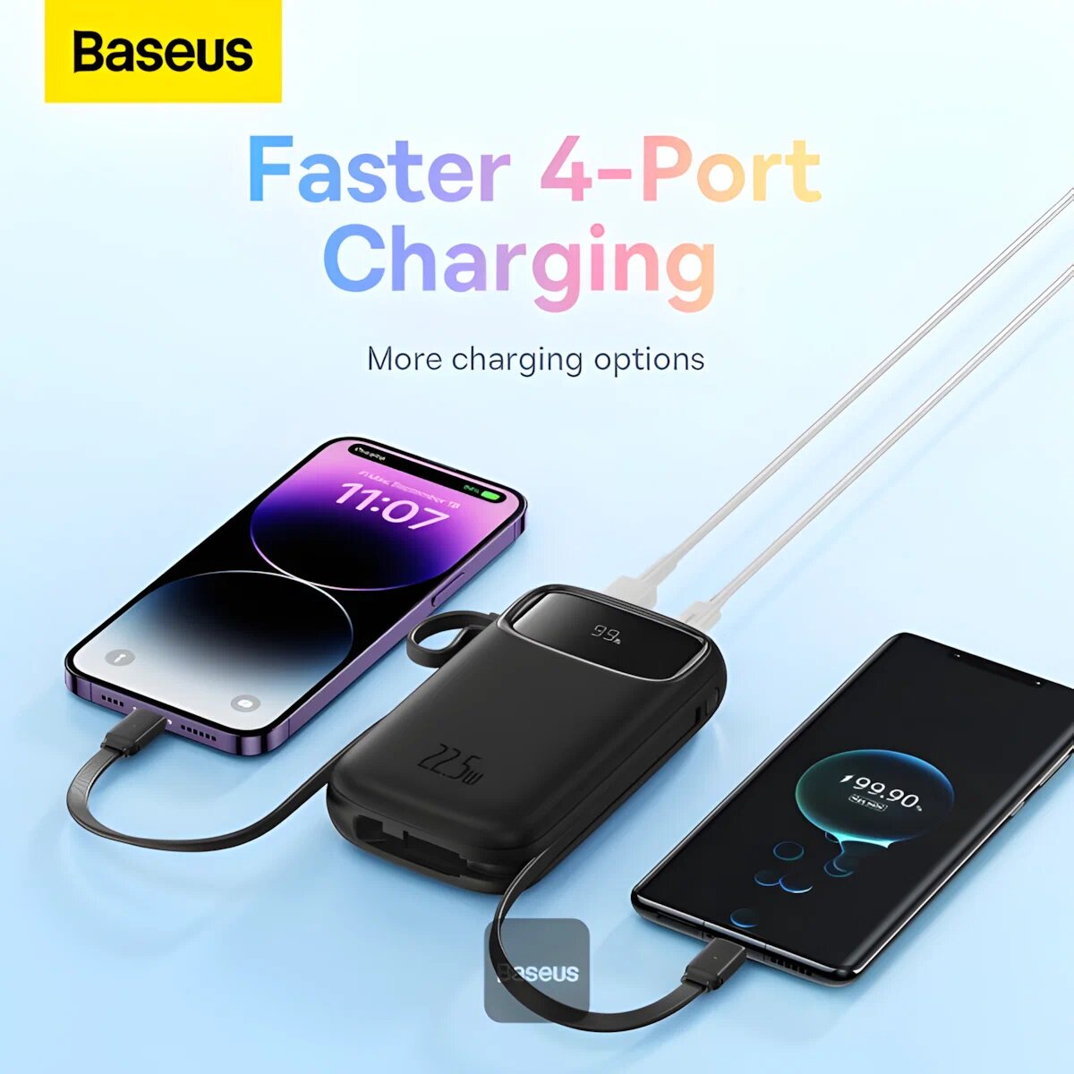 Повербанк Baseus QPow2 10000 мАч, 22.5 W быстрая зарядка, встроенные кабели USB‑C и Lightning, LED-дисплей, чёрный — фото 1