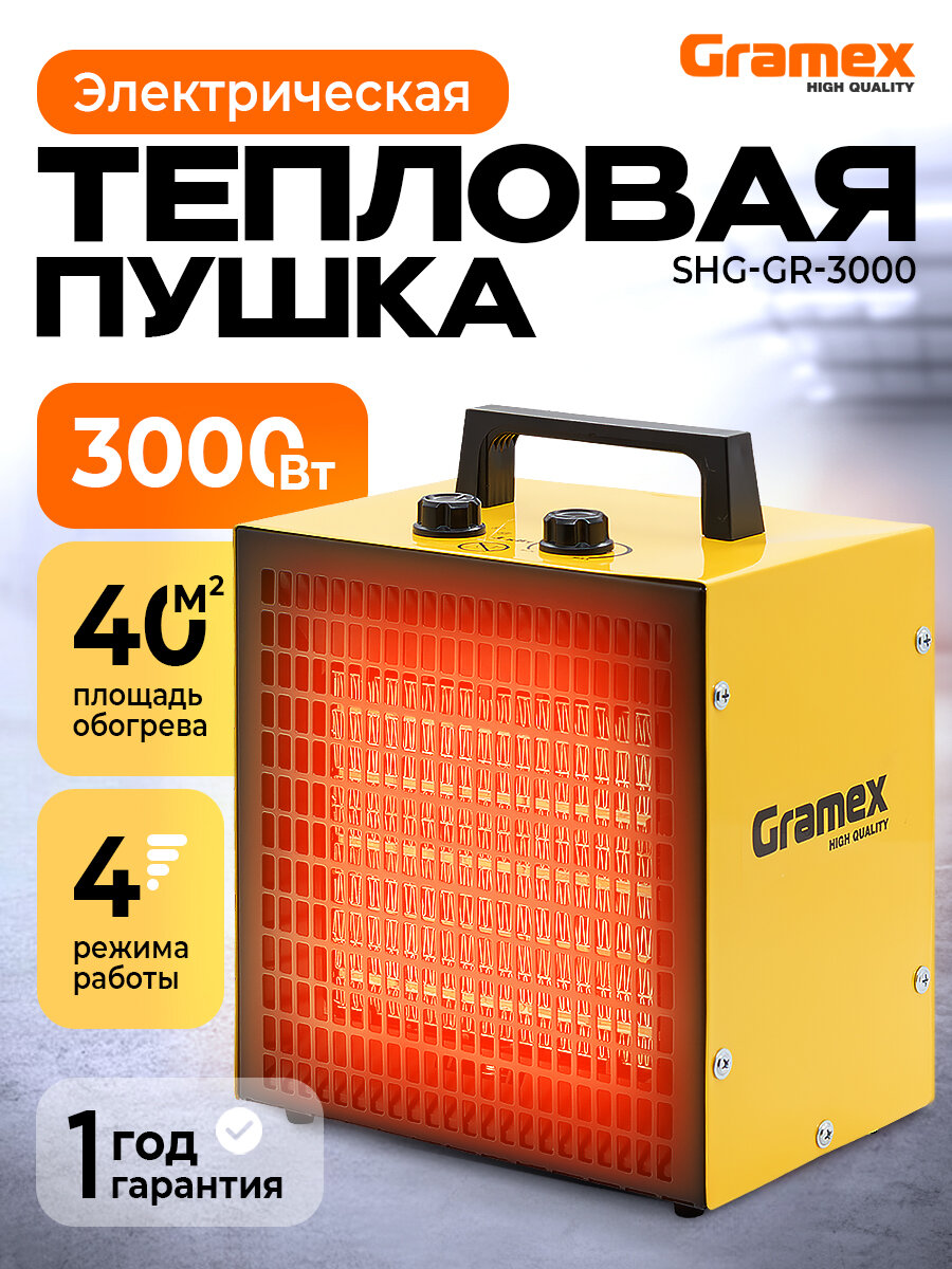 Электрическая тепловая пушка GRAMEX SHG-GR-3000 керамический нагреватель мощность 3000 Вт