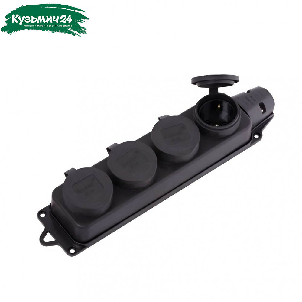Колодка удлинителя 4-местная Lezard 106-0400-107 с заглушкой с заземлением каучук черная 3.5 кВт