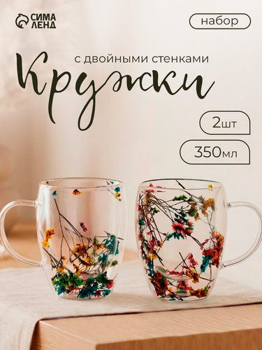 Изображение товара Кружки с двойными стенками Доляна «Сухоцвет», 350 мл, 12.5×9×11.7 см, набор 2 шт, боросиликатное стекло, прозрачные