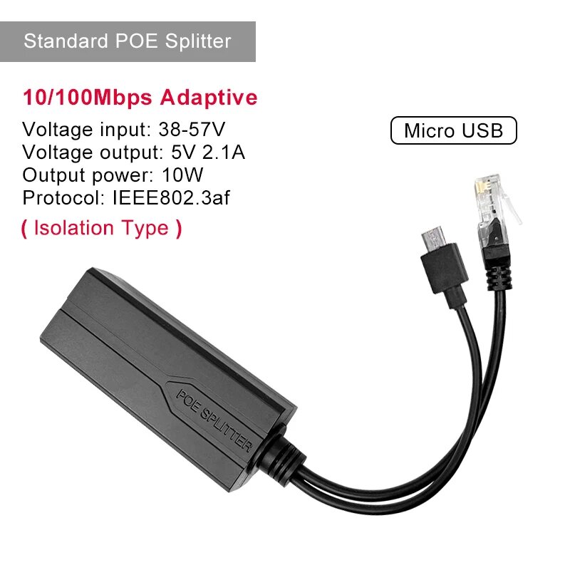 Стандартный разветвитель POE от 48 В до 5 В, 12 В, 1,2 А, 2,2 А, Micro USB tpye-C 100 м/1000 м, инжектор для камеры POE, источник питания для Huawei Hikvision, Micro USB 100M, 1PCS
