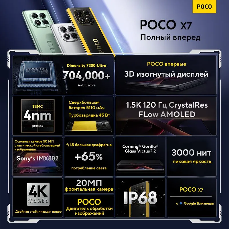Смартфон POCO X7, NFC , 5G, Глобальная версия , Dimensity 7300-Ultra, 45W , 8/256 ГБ , черный — фото 1