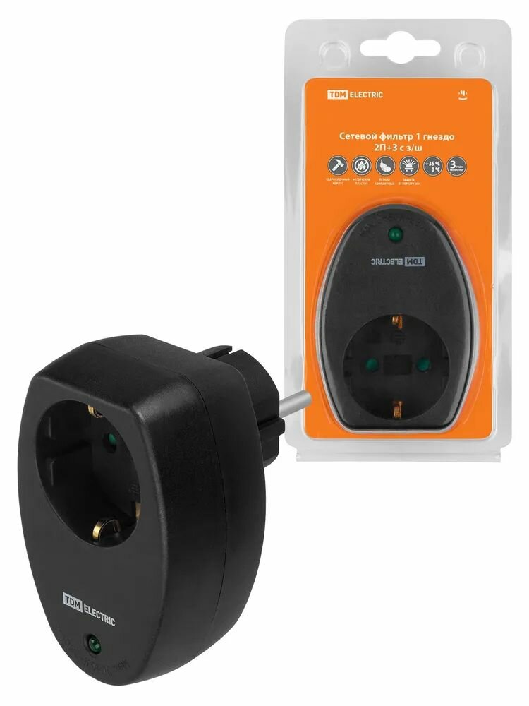 Сетевой фильтр, 1 гнездо 2П, с заземлением, с защитными шторками, 16А, 250В, черный, TDM