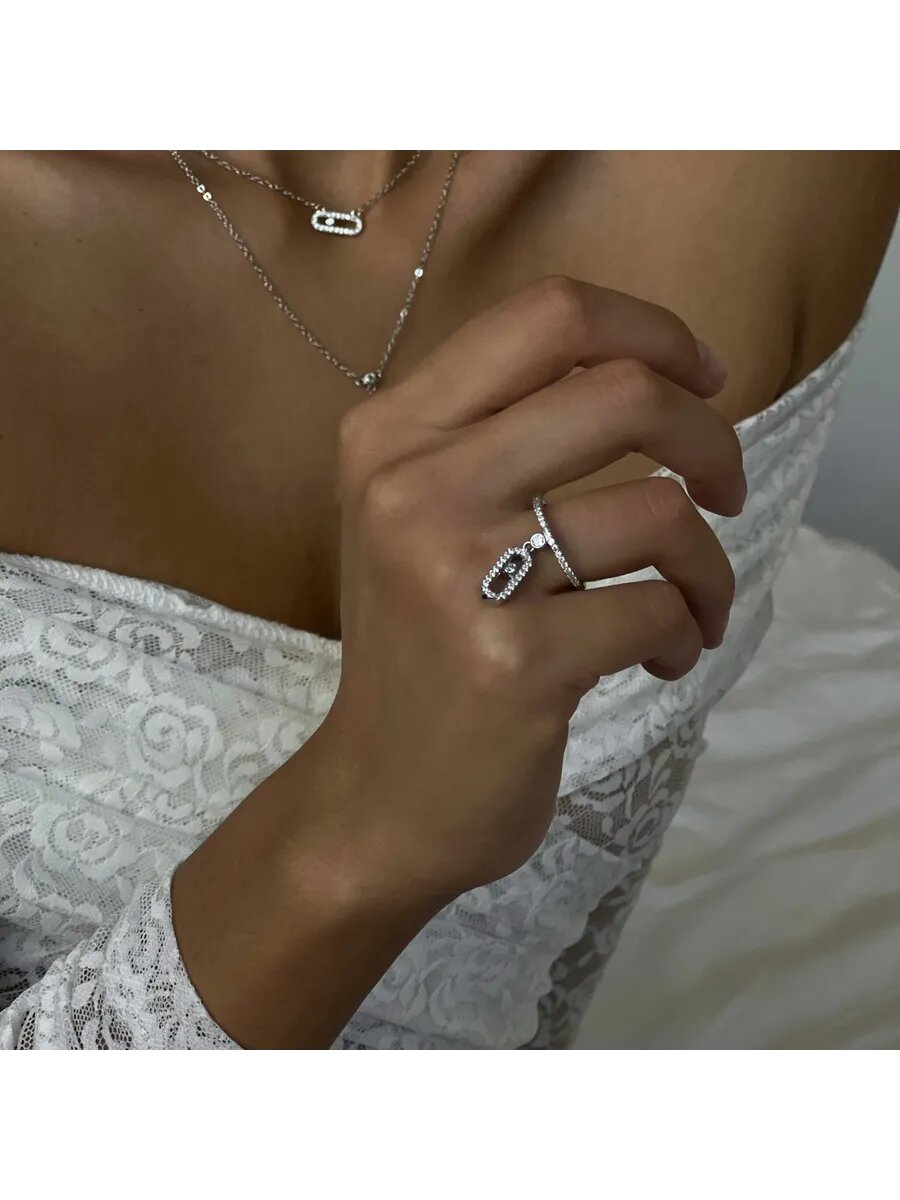 Кольцо, кристалл, циркон, фианит, безразмерное, серый, серебряный, бесцветный