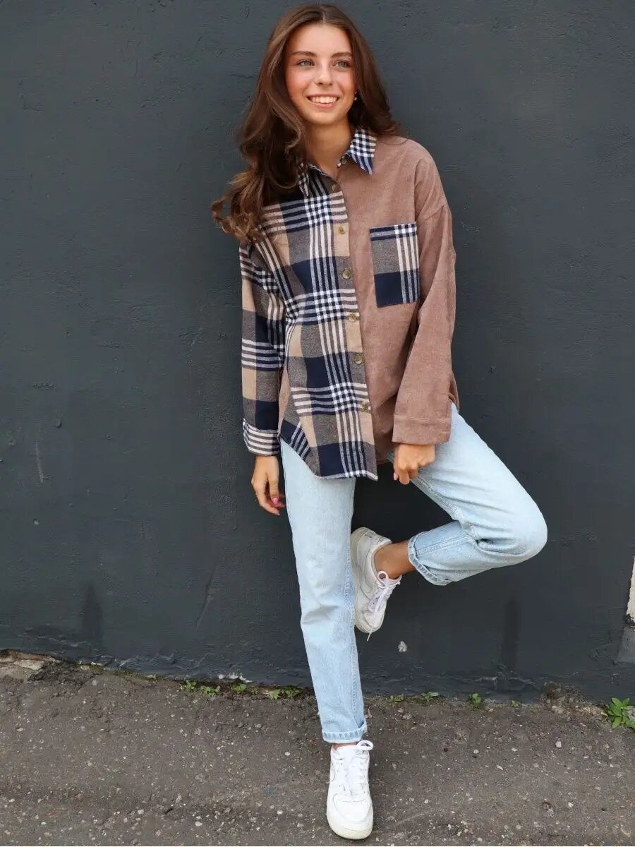 Рубашка Lady Gina вельветовая в клетку оверсайз, размер 50-52, черный, белый, бежевый, коричневый — фото 1