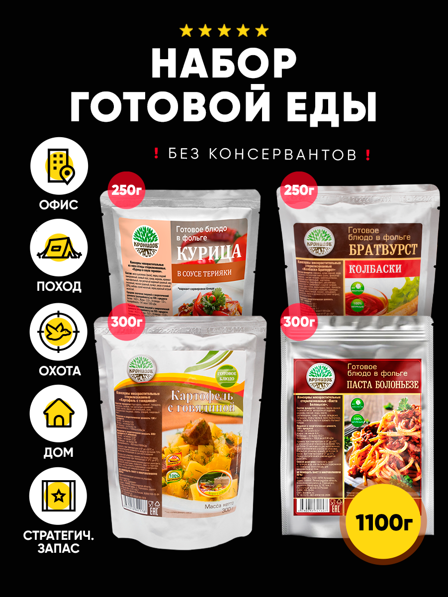 Кронидов Набор из 4 готовых блюд в реторт-пакете Лобио с картофелем и халапеньо/Каша молочная рисовая/Борщ/Колбаски Братвурст