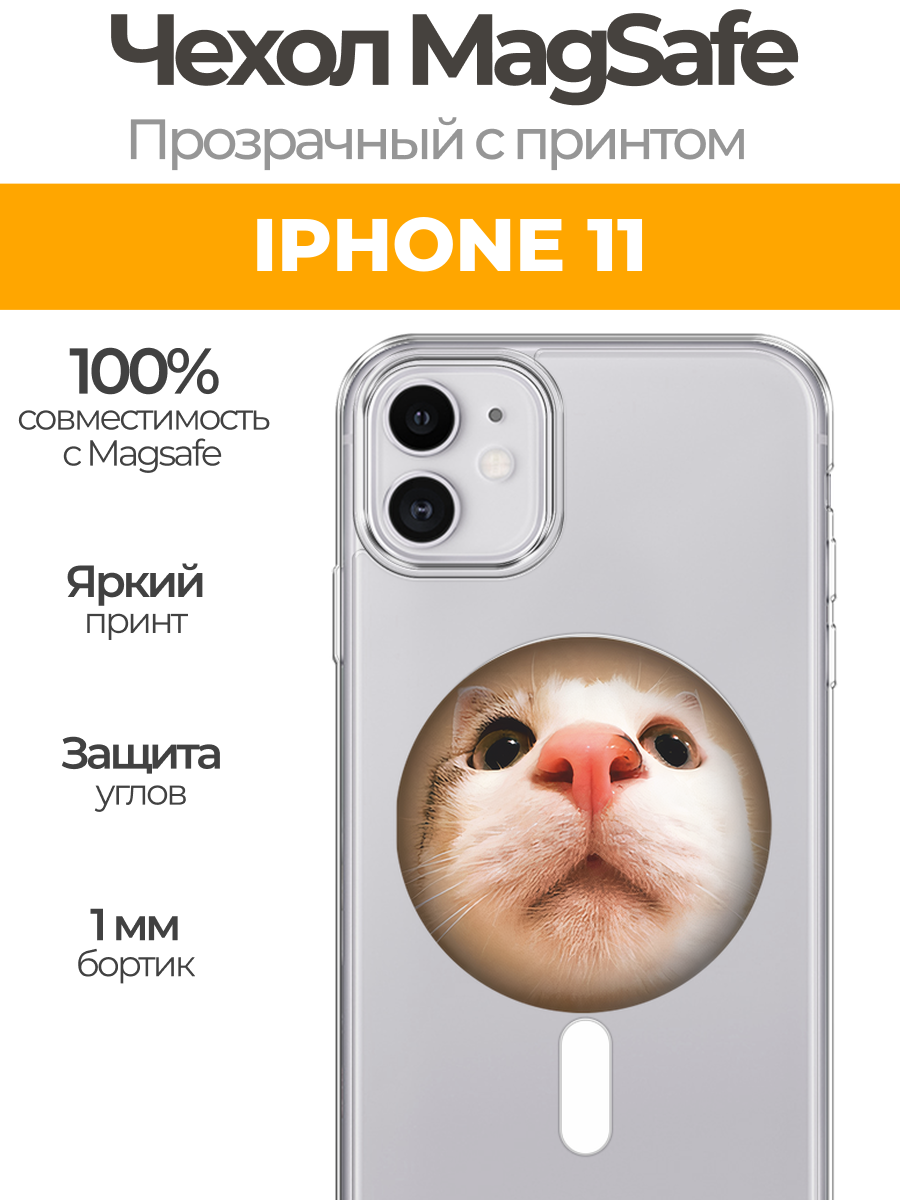 Чехол на Айфон 11 MagSafe с магнитом с принтом "Носатый кот"