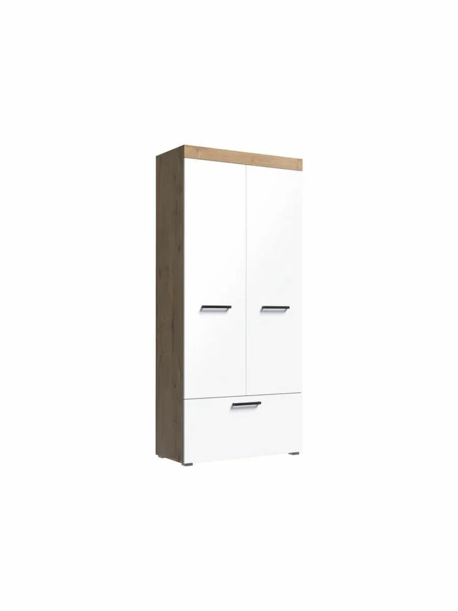 Распашной шкаф для одежды и хранения вещей Бастон с полками со штангой 90.2х40х200 см Дуб Вотан / Белый глянец