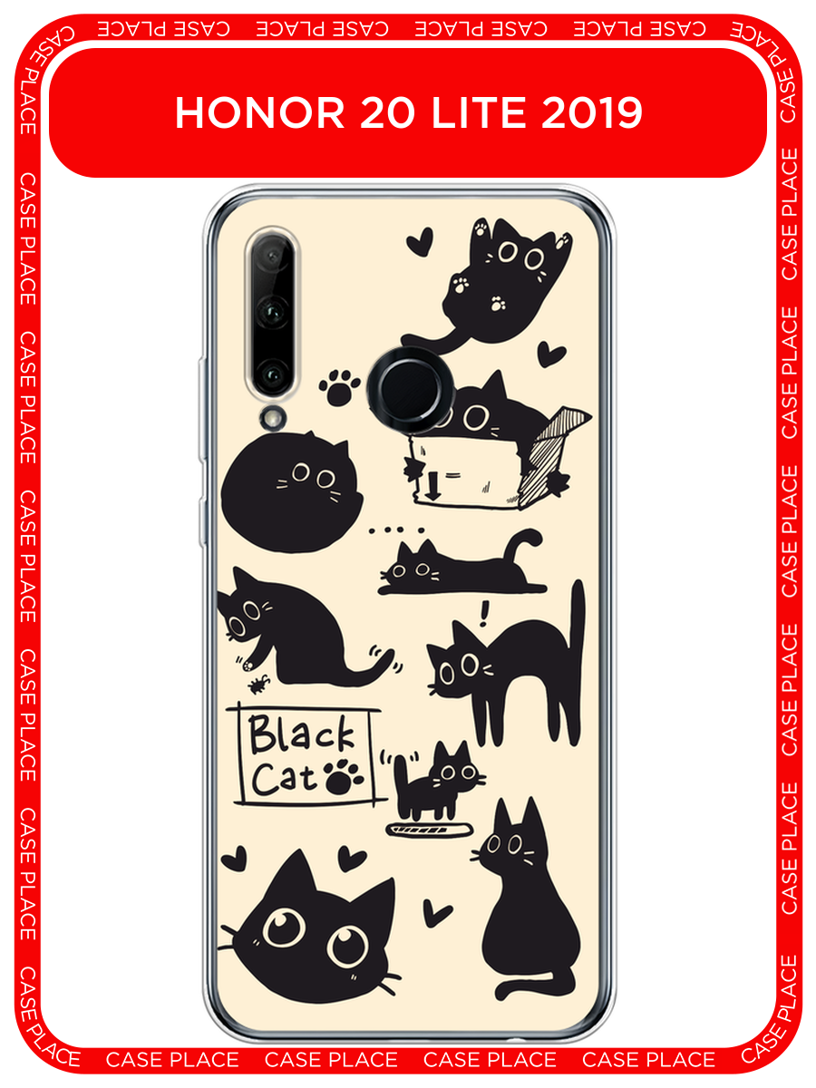 Чехол на Honor 10i/20 Lite 2019/20e/Huawei P Smart Plus 2019 / Хонор 10i с принтом Чёрный котик рисунки