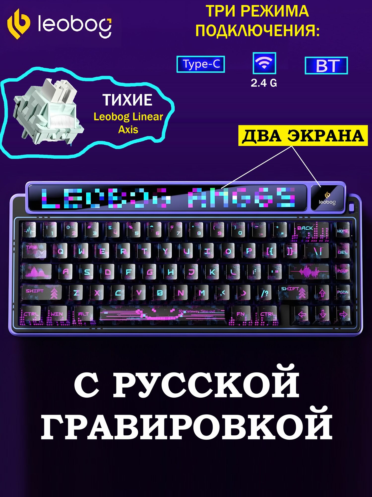 LEOBOG Клавиатура механическая (65%) беспроводная игровая с пиксельным экраном, клавиатура для компьютера, Русская-Английская раскладка