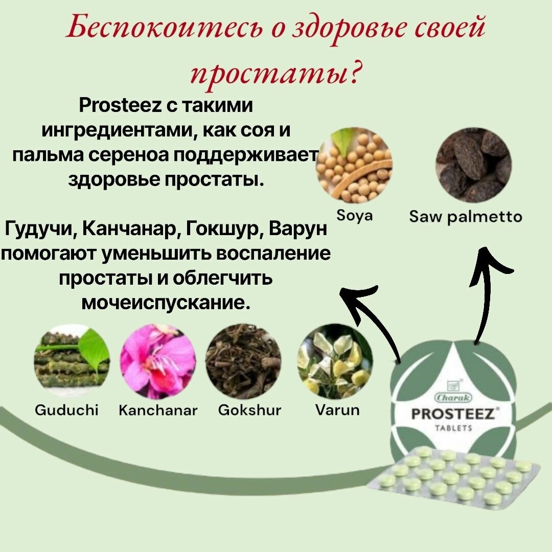 Изображение Таблетки Prosteez charak используются при увеличении простаты, расстройствах мочеиспускания, инфекциях простаты, 2 блистера x 20 таблеток