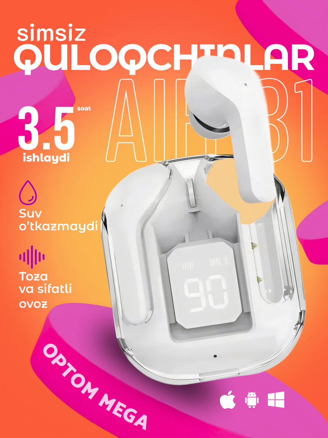Беспроводные наушники Pods Air 31 с дисплеем микрофоном и шумоподавлением — фото 1