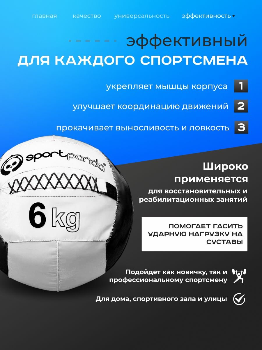 Медбол SportPanda, ПВХ, диаметр 38 см, 6 кг, армированные швы — фото 1