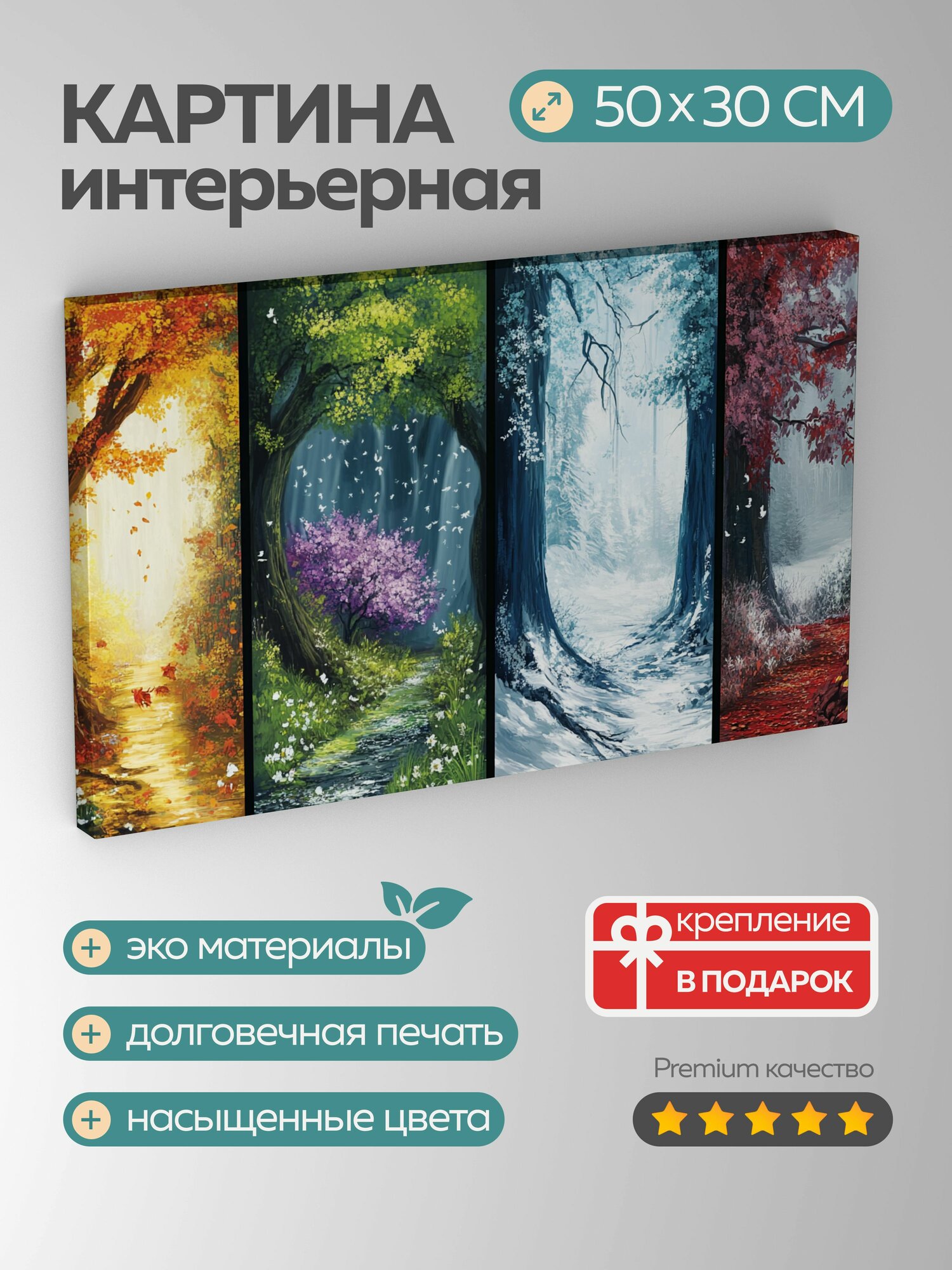 Картина на холсте интерьерная 50х30 см времена года цифровая картина яркие краски замысловатые детали весна лето
