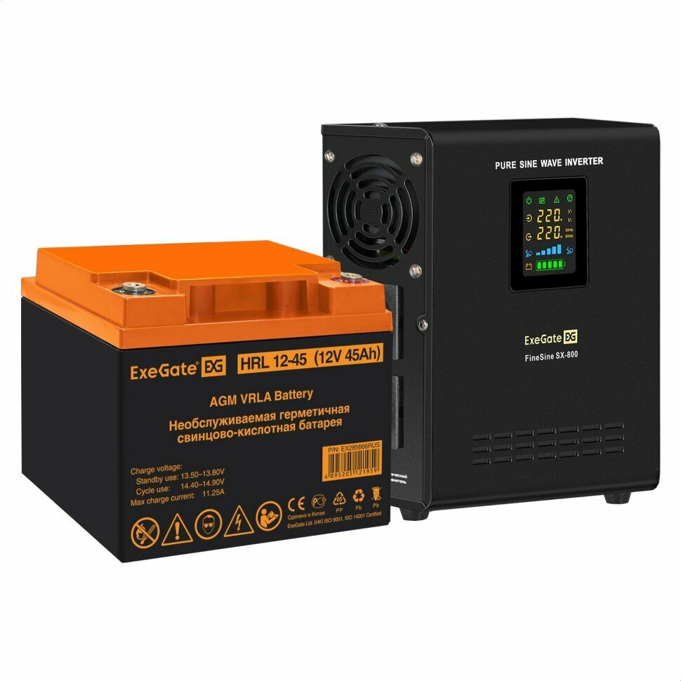 Комплект ИБП ExeGate FineSine SX-800. LCD. AVR.2SH + Батарея 45Aч, 1 шт. (ИБП + АКБ