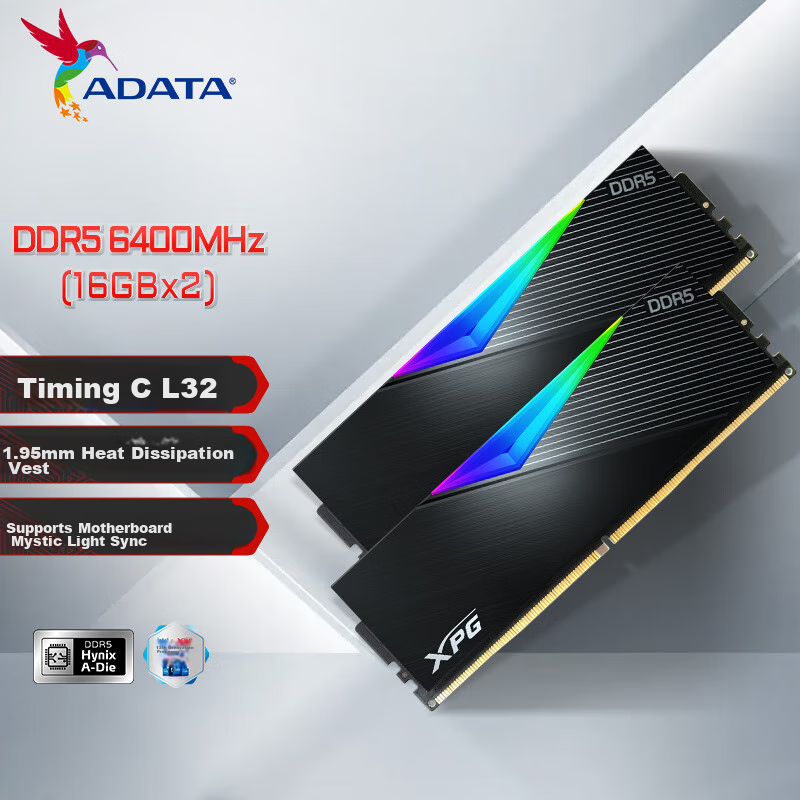 ADATA Longyao 32GB (16GB*2) DDR5 6400 CL32 Timing, Hynix A Die Chips, Gaming RGB RAM, XPG D500G