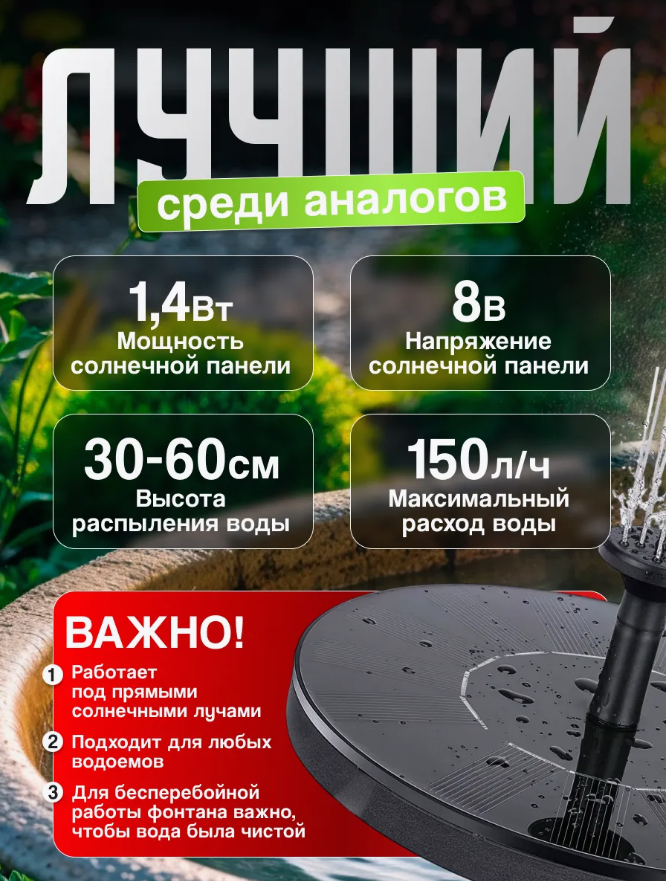 Плавающий фонтан садовый на солнечной батарее для пруда, сада на даче, уличный декоративный мини фонтанчик для бассейна — фото 1