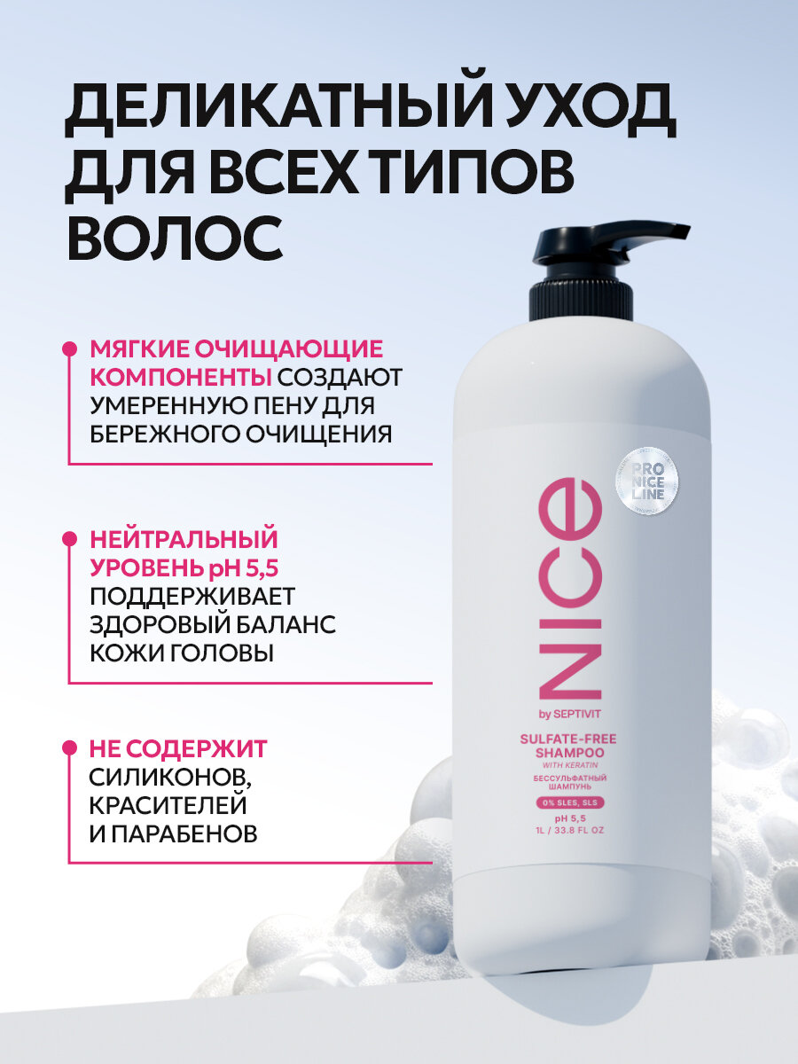 Шампунь профессиональный Nice by Septivit Pro Line, бессульфатный, для женщин, гипоаллергеный, с дозатором, 1 л — фото 1