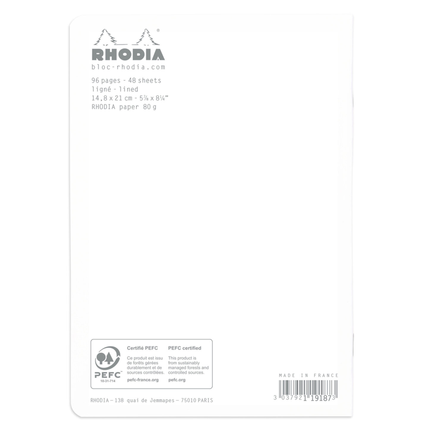 Общая тетрадь RHODIA, белый цвет обложки, влагоотталкивающая обложка, A5(14,8*21см), линовка в клетку, 48 листов, 80г/м2.