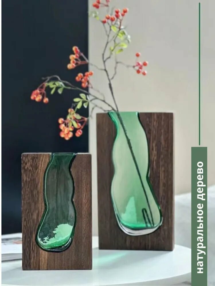 Ваза, "Избушка", Уникальная идея , Стекло, Натуральное дерево, 1 шт — фото 1
