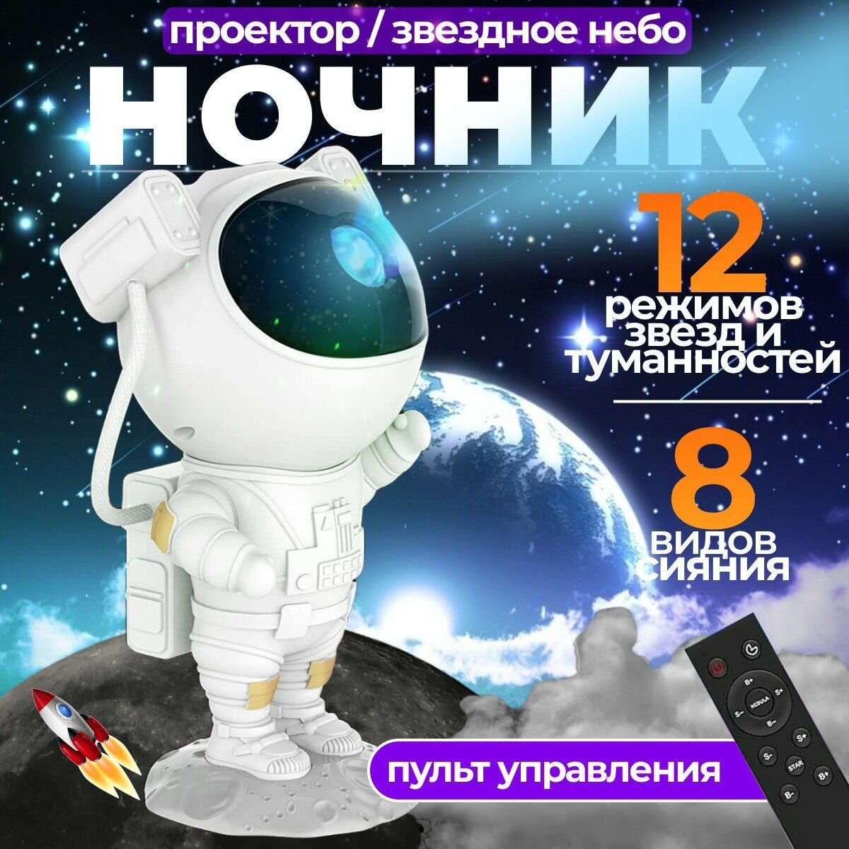 Ночник проектор звездного неба Космонавт с пультом ПДУ  Cветодиодный лазерный светильник Астронавт робот 8 режимов подсветки