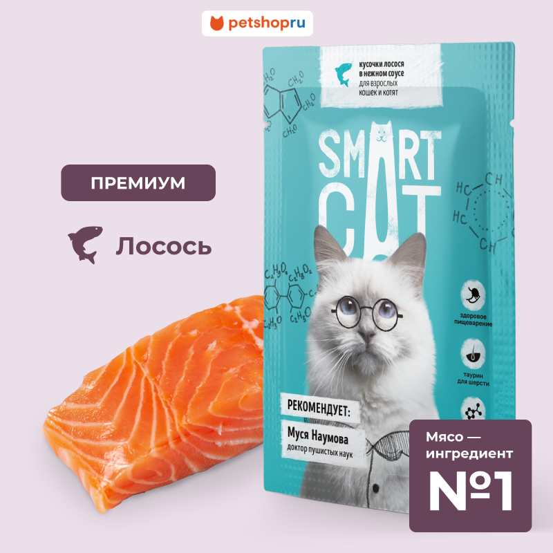 Smart Cat Паучи для взрослых кошек и котят: кусочки лосося в нежном соусе, 85г