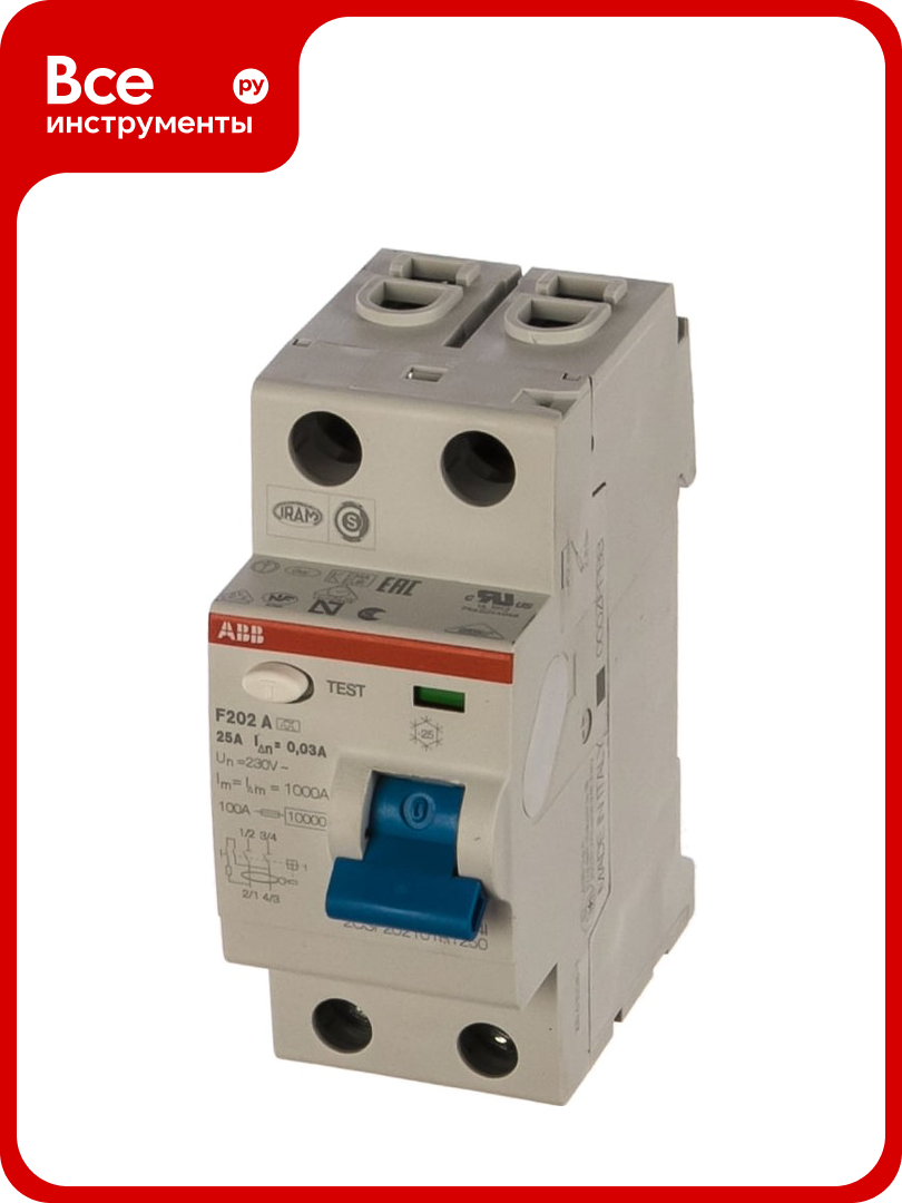Выключатель дифференциального тока ABB 2п 25A 30mA тип A F202 2CSF202101R1250