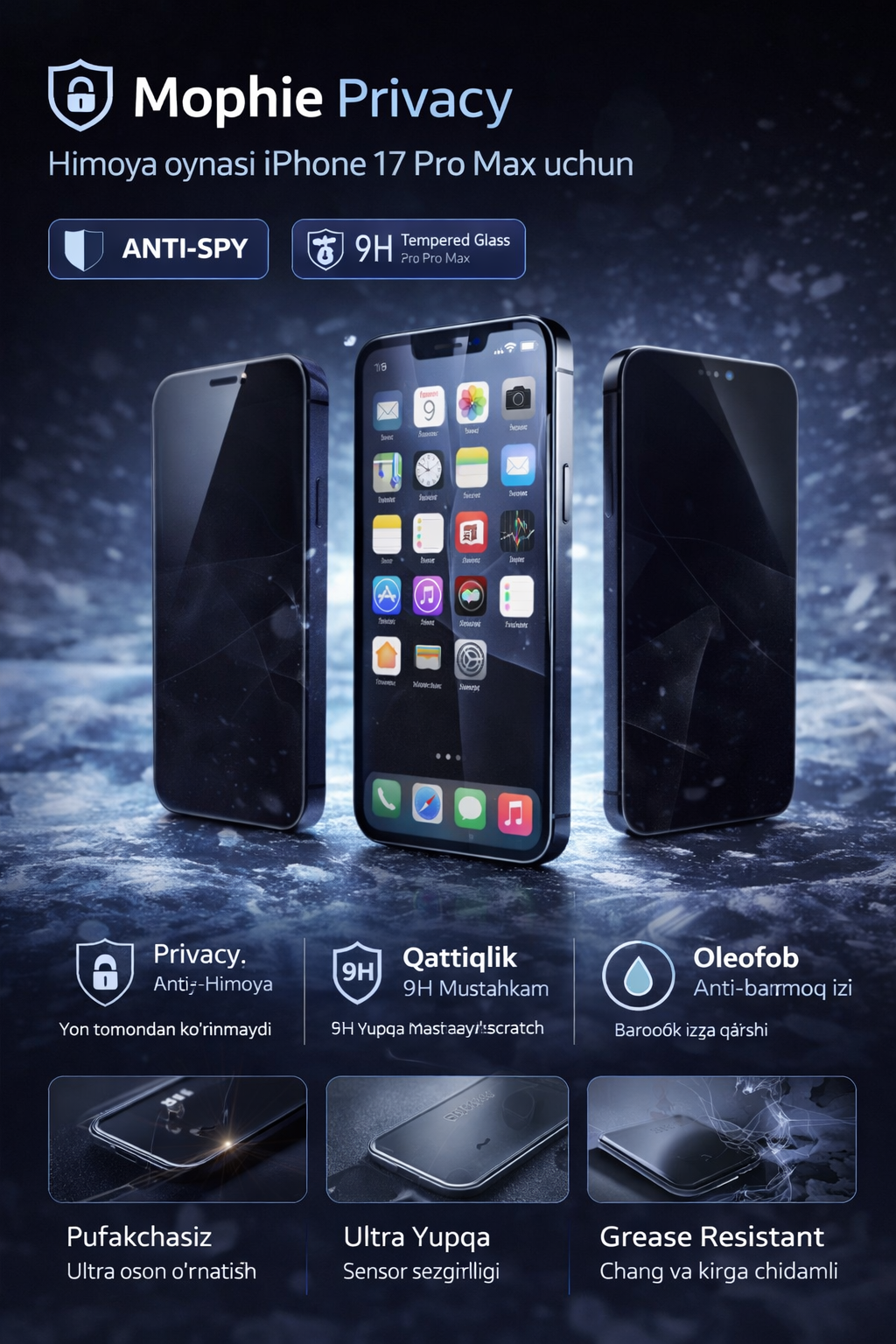 Защитное стекло Mophie Privacy для iPhone 17 Pro Max, защита от подглядывания, закаленное стекло 9H.