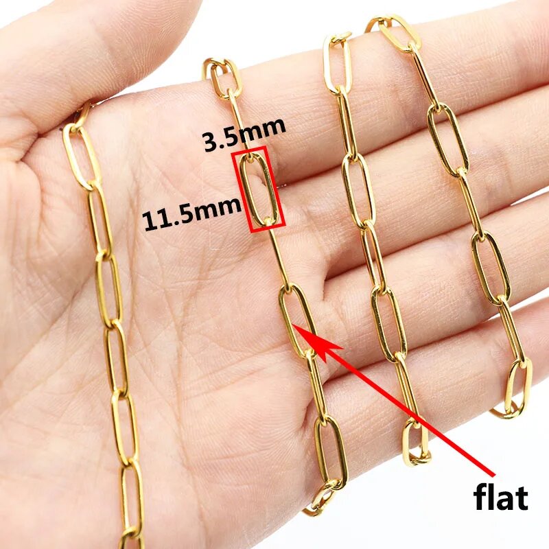 Золотые позолоченные цепи из нержавеющей стали Mibrow 4x12 мм 3.5x11.5mm Gold Flat