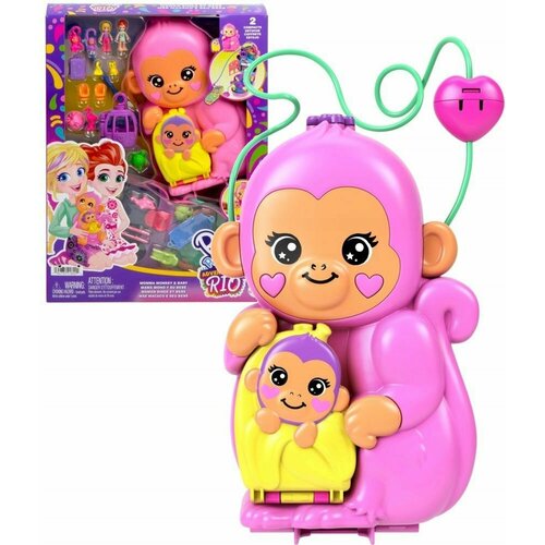 Фигурки Mattel Polly Pocket - Игровой набор Компактная сумка Monkey Обезьянка с куклами и аксессуарами - Полли Покет HWP04