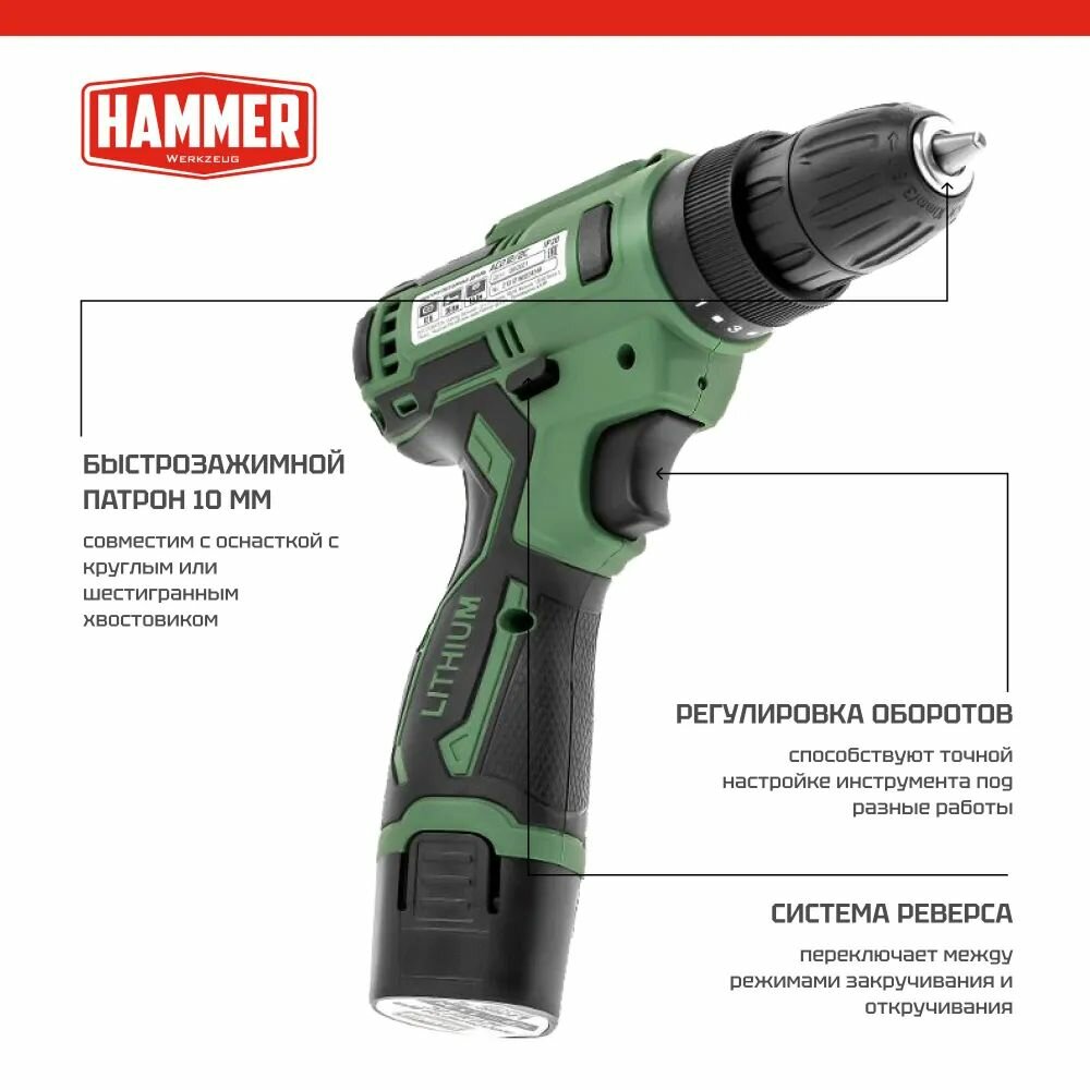 Шуруповерт аккумуляторный HAMMER ACD12/2С, 2 акк. Li-ion 1.5Ач, В кейсе, 12В, 26 Нм — фото 1