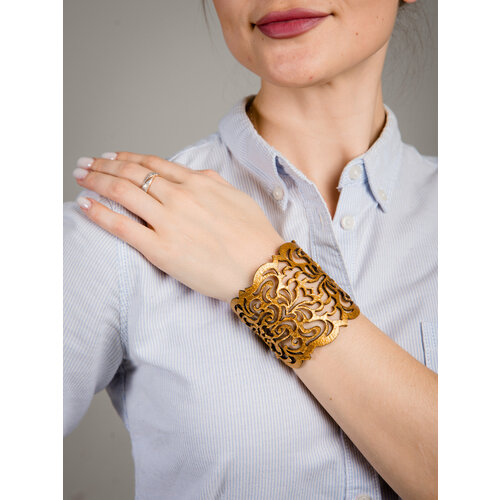 Браслет КОЖАНЫЙ ЦВЕТОК, 1 шт., размер 16 см, размер one size, золотистый