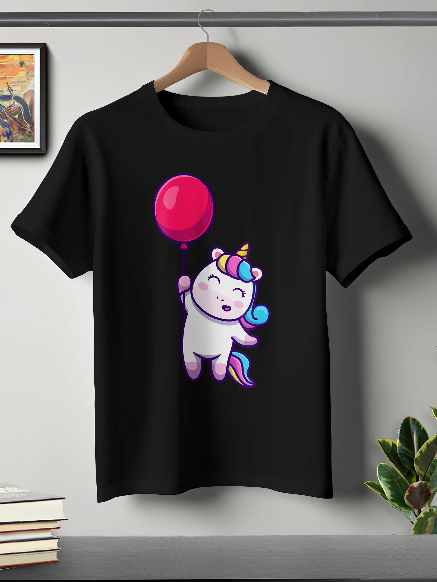 Футболка ONEQ унисекс 56-58 (3XL) размер с принтом Единорог, черная, размер 3XL, черный