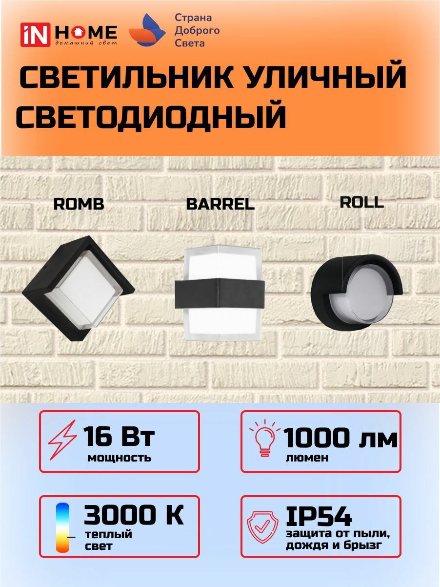 Фасадный светильник светодидодный ДБУ BARREL 15Вт 3000К IP54 черный IN HOME уличный настенный