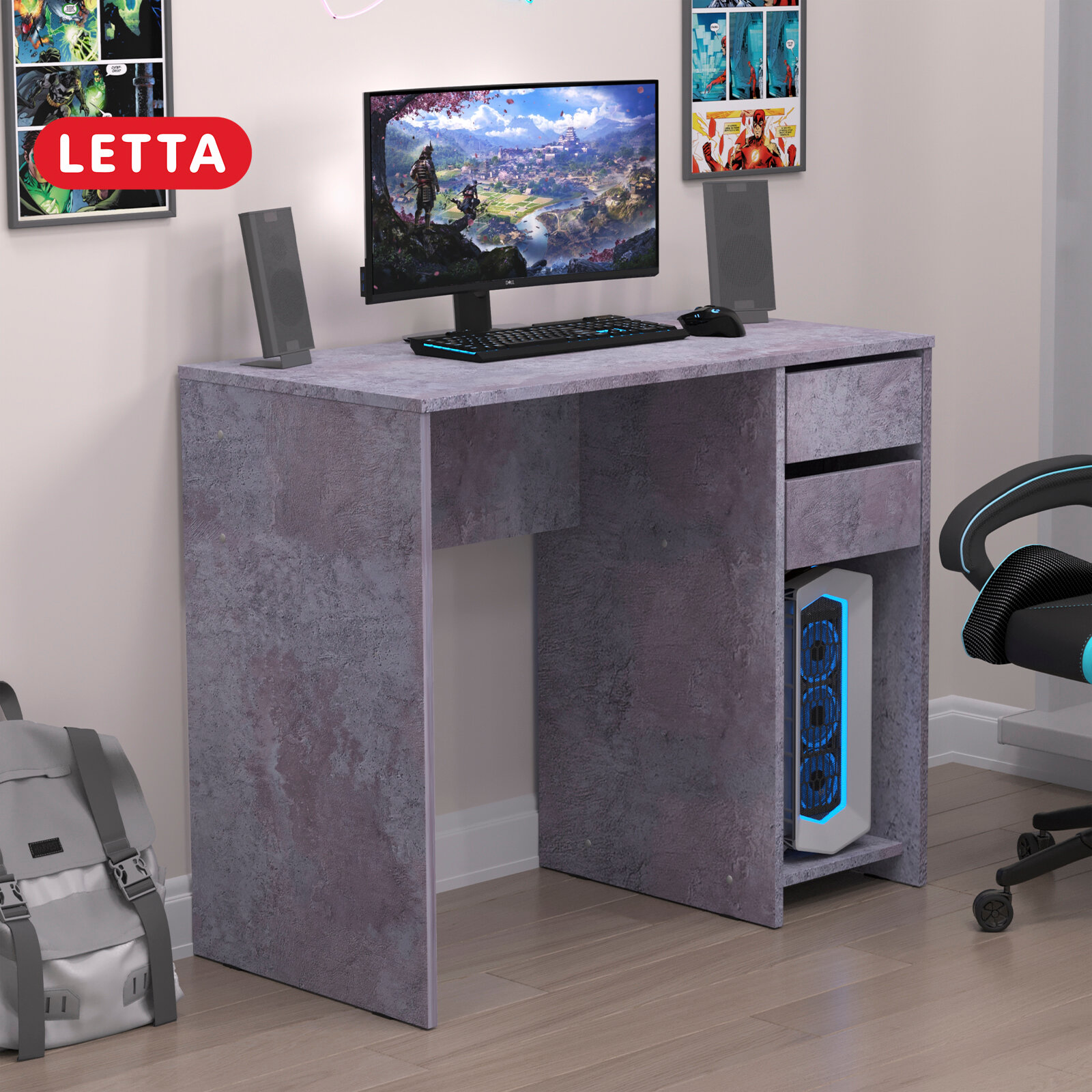 Компьютерный стол LETTA 75х90х45 см цемент светлый с ящиками ЛДСП