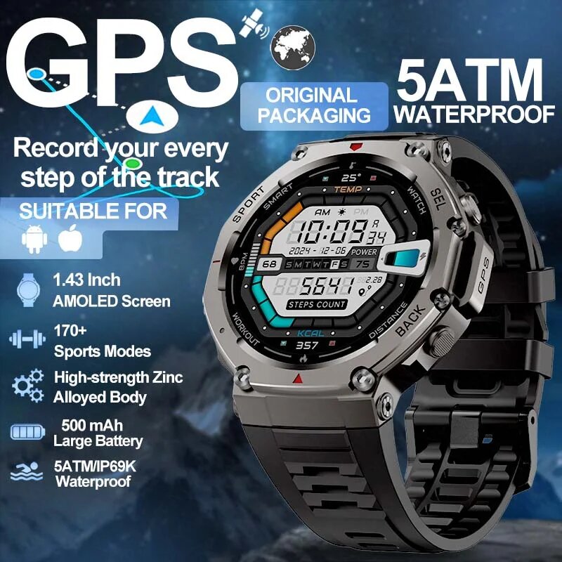 T-Rex3, уличный военный встроенный GPS-барометрический альтиметр, IP69K, 5 АТМ, водонепроницаемые, для плавания, Bluetooth, умные часы для мужчин, Black, GPS IP69 5ATM