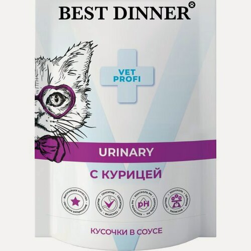 Изображение товара Корм влажный Best Dinner Vet Profi Urinary для кошек, кусочки в соусе с Курицей, 24шт х85 г.