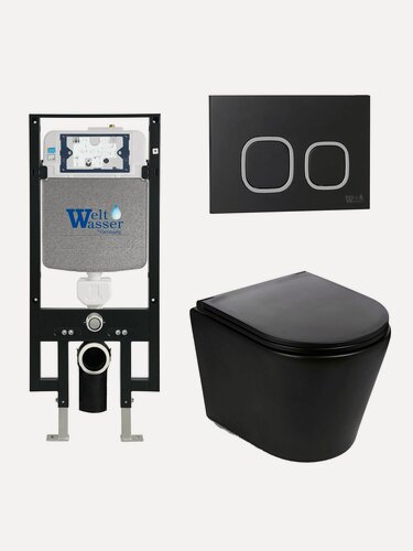 Изображение товара Комплект 6 в 1 WeltWasser: подвесной унитаз SALZBACH 043 MT-BL черный матовый+кнопка смыва AMBERG RD-BL черный+инсталляция AMBERG 497