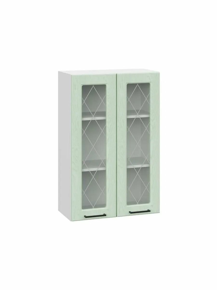 Кухонный модуль навесной шкаф Шервуд с доводчиками с полками 60х29.6х91 см Белый / Шато мята со стеклом
