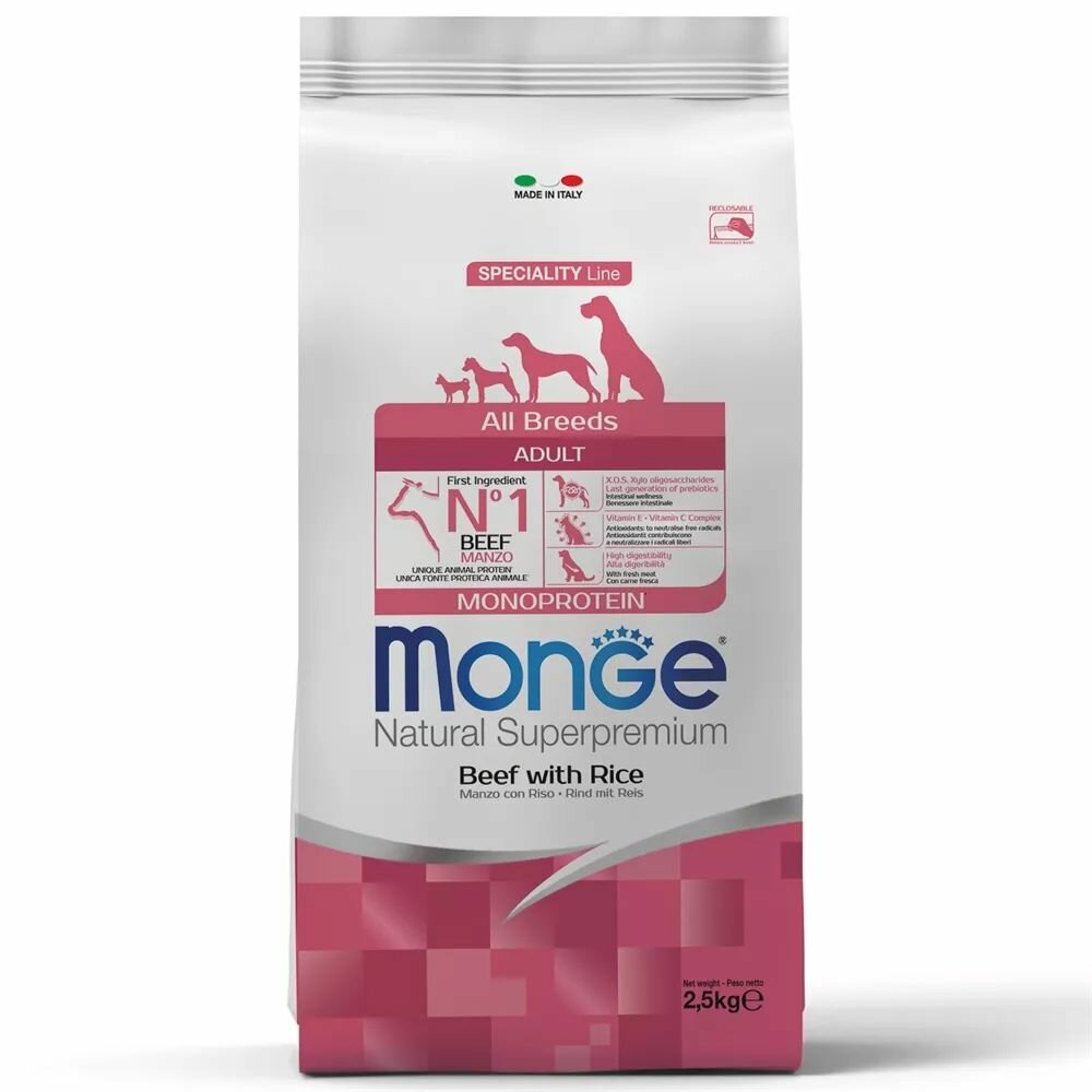 Monge Dog Speciality Line Monoprotein All Breeds 2,5 кг, с говядиной, рисом и картофелем, cухой корм для взрослых собак всех пород