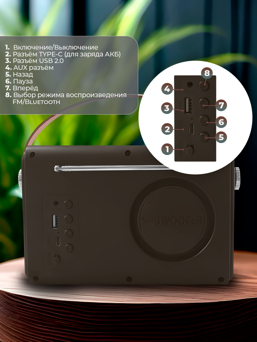 Радиоприемник ретро портативный FB-R403 аккумуляторный с Bluetooth, USB и AUX, кофе — фото 1