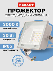 Прожектор светодиодный уличный LED REXANT 30 Вт из алюминиевого сплава, теплое белое свечение 2700 К