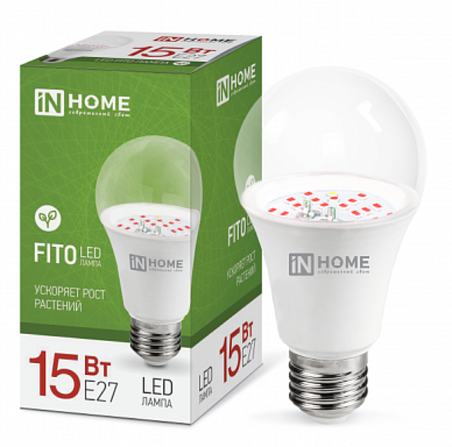 Светодиодная лампа для растений IN HOME / Ин Хоум LED-A60-ФИТО груша Е27 15Вт 230В 4690612036502 / фитосветильник для рассады