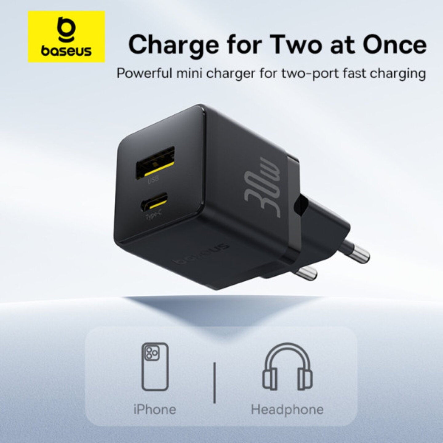 Сетевое зарядное устройство Baseus Palm Fast Charger QC3.0+PD3.0 30W USB+Type-C 3A + Кабель Type-C to Type-C 60W — фото 1