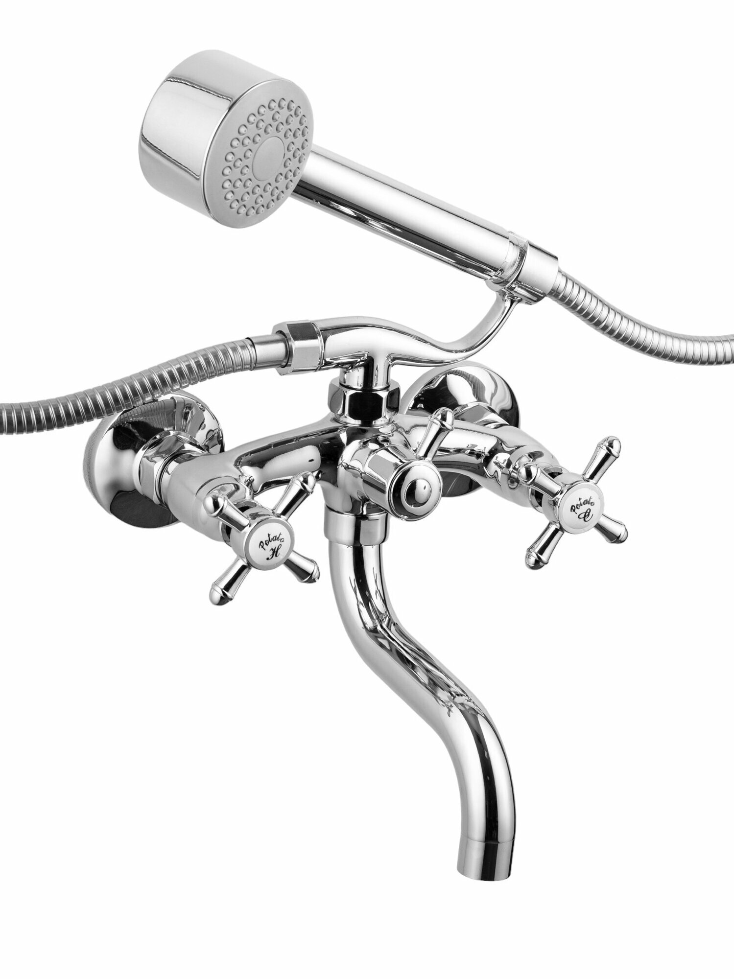 Смеситель для ванны с коротким изливом душевой лейкой и поворотным переключателем для душа хром