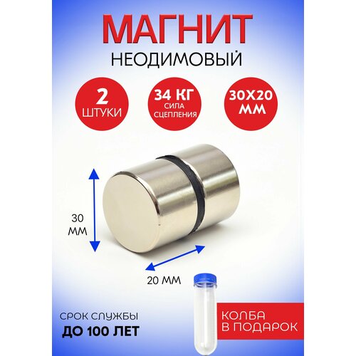 Неодимовые магниты 30х20 мм, диски, набор 2 шт. в тубе