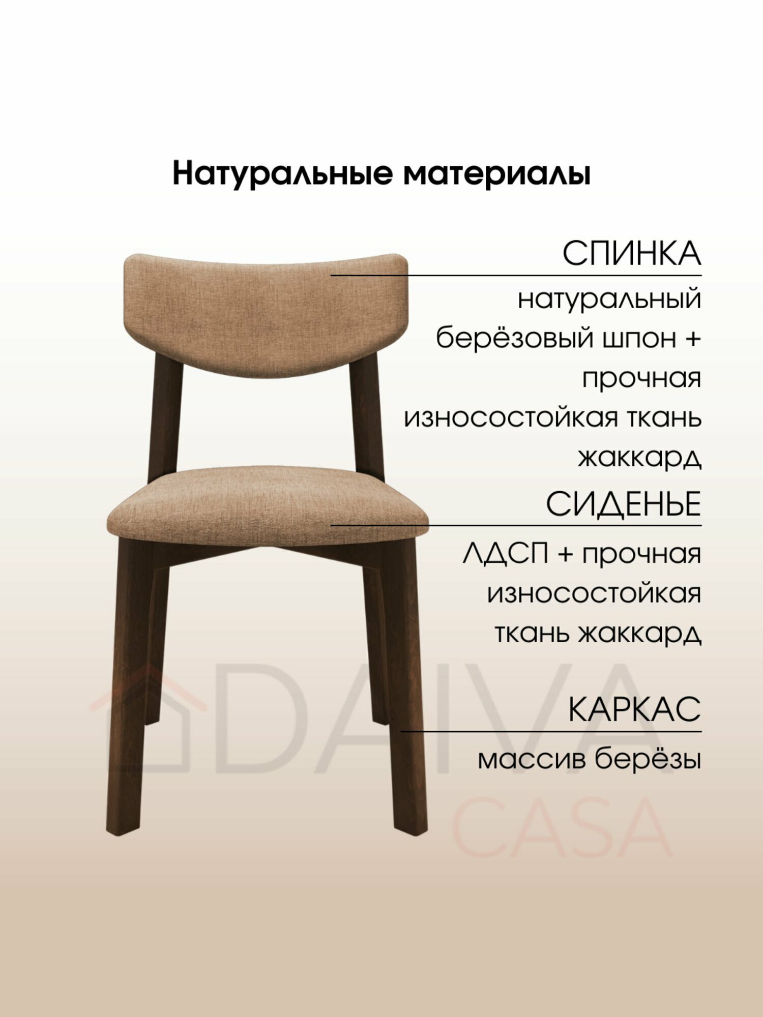 Стулья для кухни Вега деревянный с МЯГКОЙ СПИНКОЙ DAIVA casa, Орех Санд, комплект стульев 2 шт — фото 1