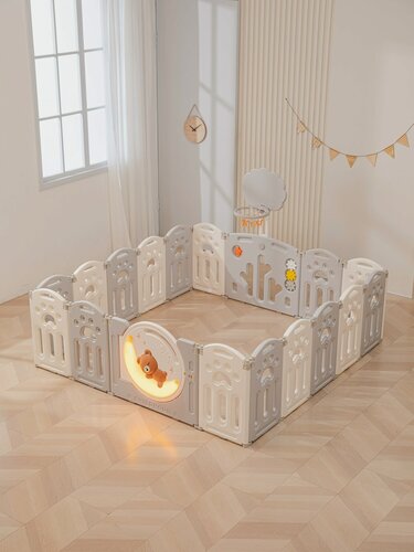 Изображение товара Большой детский игровой манеж, комплекс UNIX Kids DeLuxe / Делюкс 180x200 см из пластика, с баскетбольной стойкой, ковриком, для дома и улицы, серый, белый