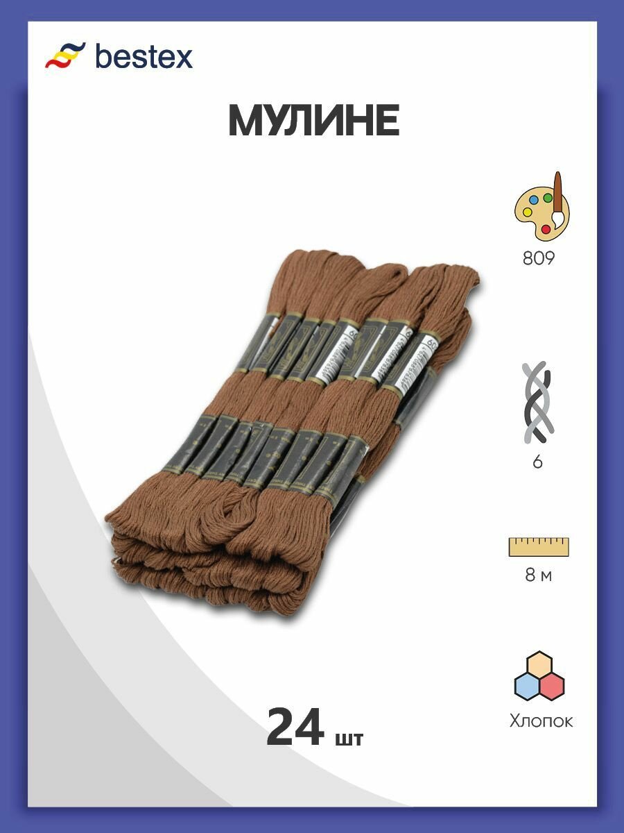 Мулине одноцветный набор Bestex, мерсеризованный хлопок, 24 шт (809)